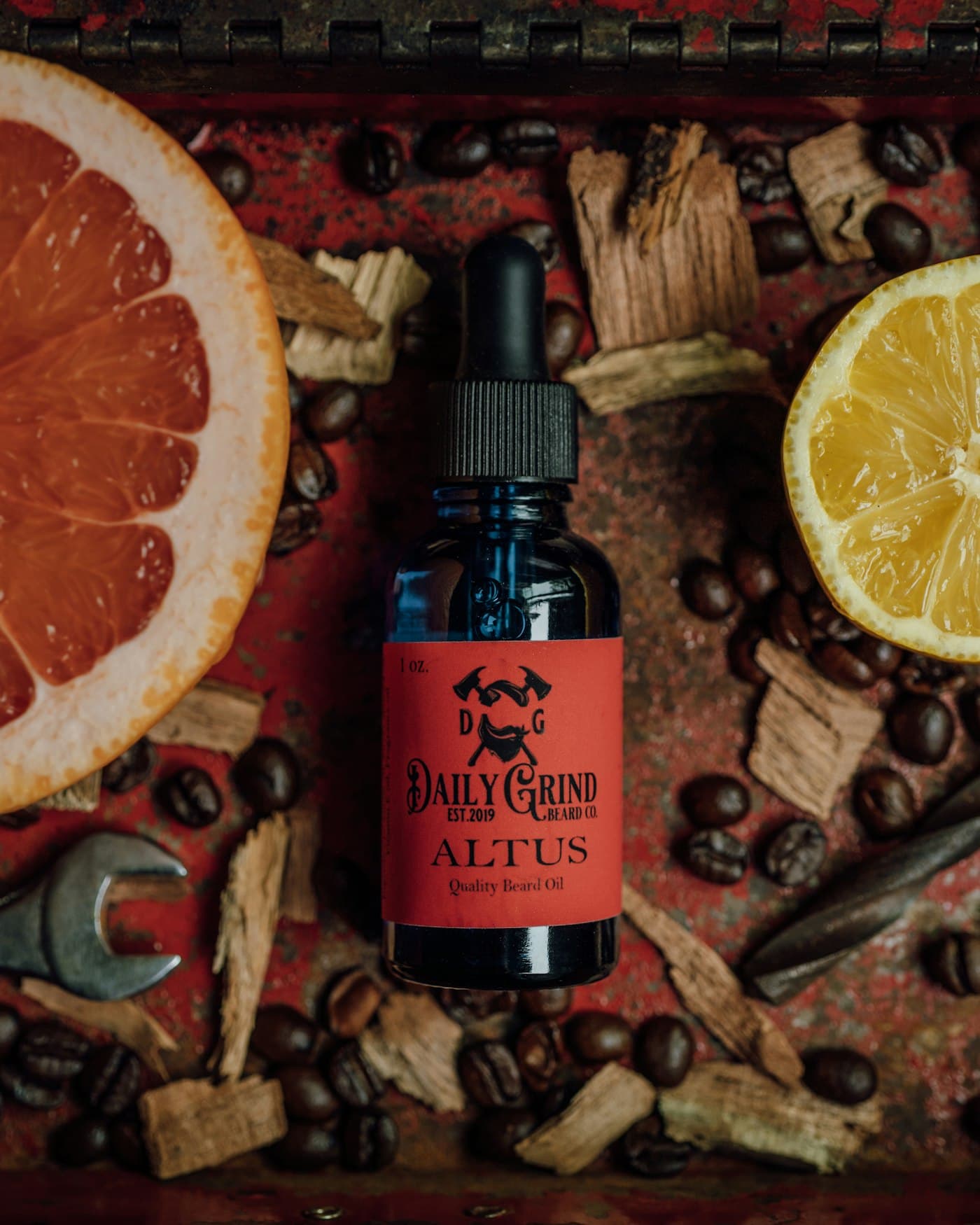 Premium beard oil in editorial product composition on rustic surface